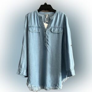 Hester & Orchard Women’s Shirt Tencel Button Slit Neck Blue Fringe Hem Small